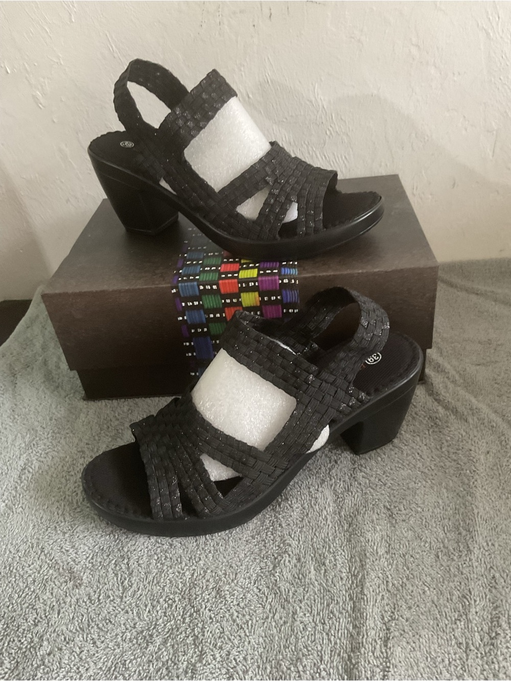 bernie mev. Black Woven Slingback Block Heel Sandals